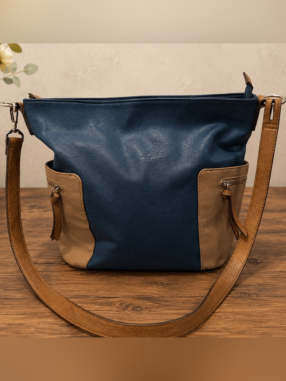 Bueno Colorblock Crossbody Purse Blue Brown Faux Leather Everyday Shoulder Bag